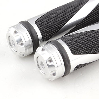 Pair of 7/8" 22mm Motorcycle CNC Aluminum Rubber Gel Hand Grips Handlebar for Sports Bike Chopper Cruiser Bike - color: Silver with Bar End