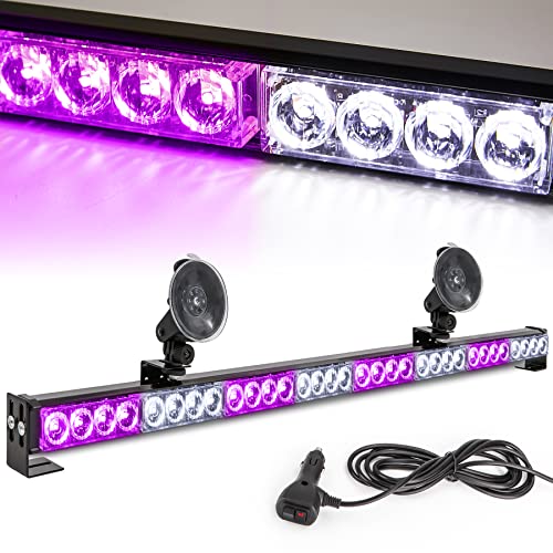 White/Purple Emergency Strobe Light Bar 36 In 13 Flash Patterns Traffic Advisor Warning Hazard Windshield Safety Lights Bar with Cigar Lighter for Vehicles, Truck (35.5 Inch, White/Purple 32 Led) - color: White/Purple