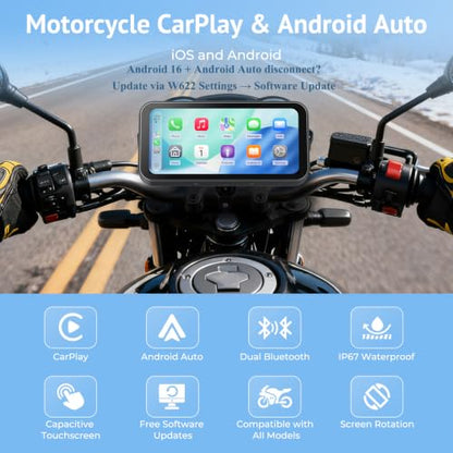 6.25" Wireless Motorcycle CarPlay Screen with Android Auto,Built-in TPMS,IP67 Waterproof Motorcycle GPS Display,OTA Update,Bluetooth Audio,Portrait/Landscape Switch for Riding