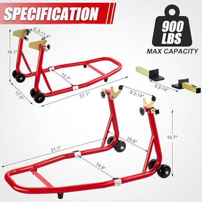 Universal Motorcycle Stand Set, 900 Lbs Capacity Front and Rear Wheel Lift Stands with U+L Adjustable Swingarm Spool Support, Heavy Duty Paddock Stands Fit for Honda, Yamaha, Kawasaki, Suzuki - color: Red