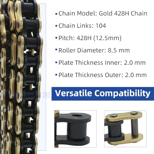 428H Drive Chain 104 Link with 6pcs Connecting Master Link Compatible with 50cc 70cc 90cc 110cc 125cc Motorcycle Bike ATV Quad Go Kart 4 Wheeler Seamless Small Tube with Chain Breaker - size: 104 Link