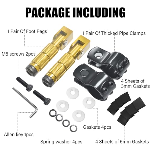 M8 Motorcycle Foot Pegs Folding Rearsets-90 Degree Foldable Footrest Fit 0.86-1.37in Brackets, Anti-Skid CNC Footpegs with Rubber Gasket for Pit Bike Dirt Bike Adventure Touring Bikes (Gold) - color: Gold