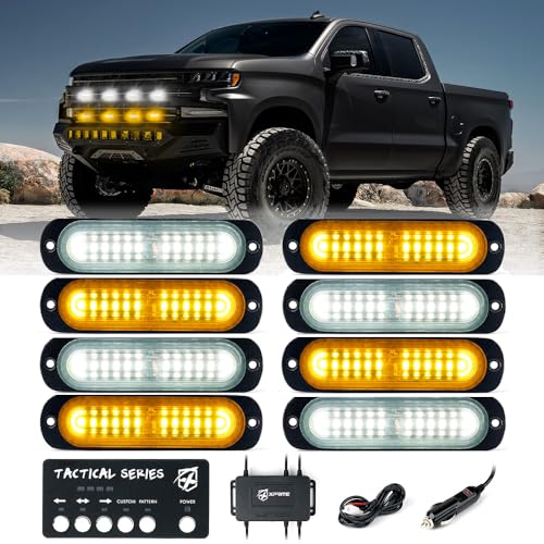 Xprite Amber/White LED Surface Mount Strobe Lights Kit, Grill Grille Side Marker Light Flashing Emergency Warning Light Assemblies w/Control Box for Trucks Vehicles ATV RV Cars Van 8PCS - color: White Amber, size: 8PCS