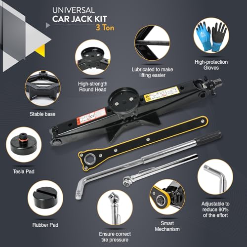 Car Jack Kit 3 Ton (6,600 lbs) with Tesla Pad & Universal Rubber Pad | Scissor Jack for Car - Tire Jack Tool Kit | Portable, Ideal for SUV and Auto - Universal Emergency Kit with Lug Wrench - size: Car Jack Kit 3 Ton + pads/gloves/tire press