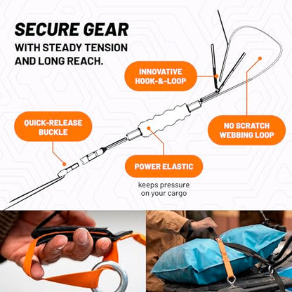 Power Strap 42in Adventure Tie Down, Self-Tensioning Elastic Core for Secure Hold, Scratch-Free Hook-and-Loop, Quick-Release Buckle for Bikes and Motorcycles, 2 Pack