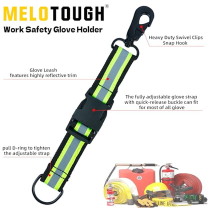 MELOTOUGH Firefighter Glove Strap | Glove Holder Clip with Glove Leash Swivel Snap Hook,Reflective for Quick Access - color: Reflective Lime for Quick Access