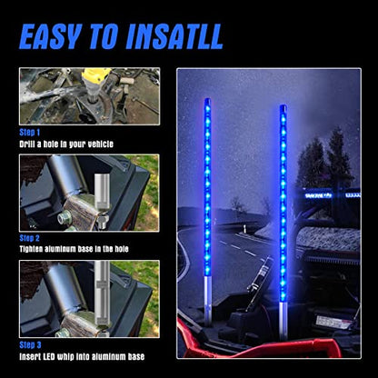 2PCS 1.2M Blue LED Whip Light for Truck, BESTZHEYU 4FT ATV UTV LED Whip Light Antenna Whips for RZR Polaris Off-Road Sand Dune Buggy 4x4 - color: 1.2M Blue Whip Light