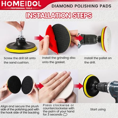 15PCS Diamond Polishing Pads Set 4 Inch, HOMEIDOL 50-8000 Grit Marble Polishing Kit for Concrete Stone, Wet/Dry Granite Polishing Kit for Drill, Grinder, Polisher with 5/8"-11 Backer Pad