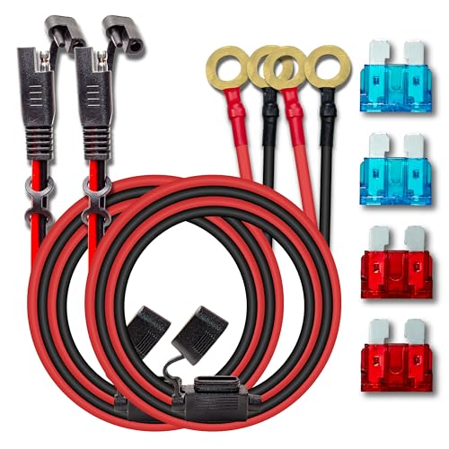 2 Pack 16AWG 2FT Charger Cable, SAE to O Ring Terminal Quick Disconnect Harness, 2 Pin SAE Connectors Extension Cables Cord with 10& 15A Fuse for Car, Motorcycle, Solar Panel - color: 16awg2ft*2