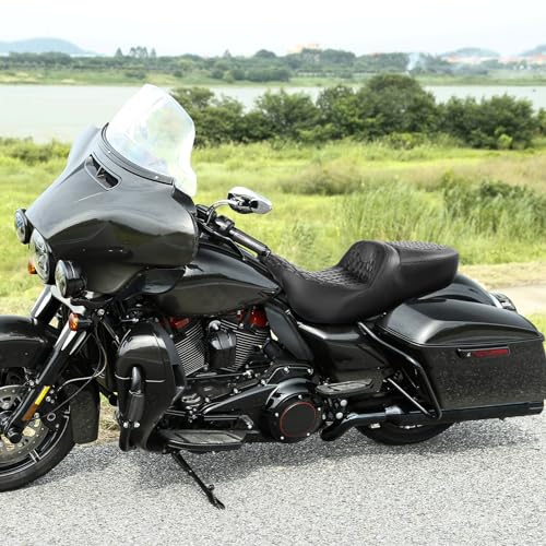 C.C. RIDER Driver Rider Passenger Seat Diamond 2-Up One-Piece Seat fit for Harley Touring Road King FLHR Street Glide FLHX Road Glide FLTRX 2009-2023 - color: 04# Black