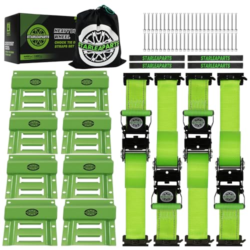 Heavy Duty Wheel Chock Tie Down Straps Set (4PK) - 4,400lb Guaranteed Max Break Strength, (2) 2" x 8' Trailer Tire Straps with (8) Wheel Chocks for ATV, UTV or Tractors - style: 4PK - Green