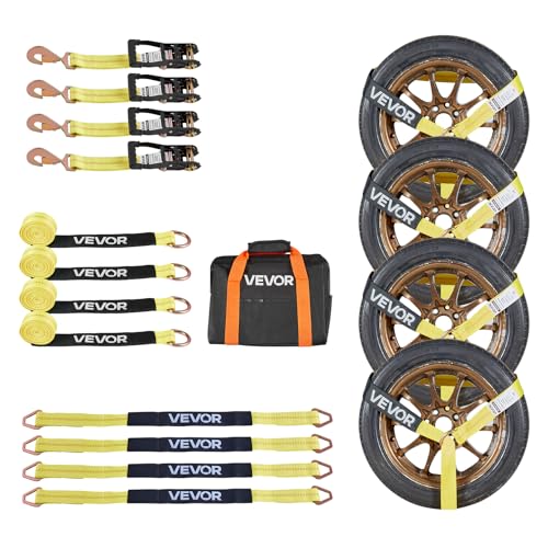 VEVOR Wheel Chock Tie-Down Kit, Tire-Style Trailer Tie Down Strap, Car Tie Down Kit with Spring Hook, Break Strength 10009 lbs & Working Load 3333 lbs Motorcycle System for ATV, SUV, Trailer - style: Tire-Style with Spring Hook