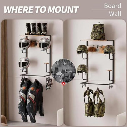 Motorcycle Helmet Holder Wall Mount - Heavy Duty Iron Motorcycle Helmet Rack with 4 Helmet Stands & 4 Glove Clips