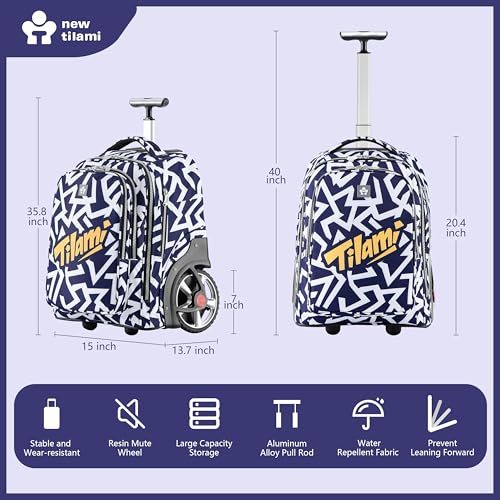 NEW TILAMI 20" Rolling Backpack for Teens Adults, Climbing Stairs Waterproof Backpack with Wheels for School Business Trave Camping with Laptop Compartment, Fit 17 Inch Laptop, Blue - White Doodle - color: Blue - White Doodle