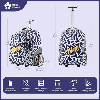 NEW TILAMI 20" Rolling Backpack for Teens Adults, Climbing Stairs Waterproof Backpack with Wheels for School Business Trave Camping with Laptop Compartment, Fit 17 Inch Laptop, Blue - White Doodle - color: Blue - White Doodle
