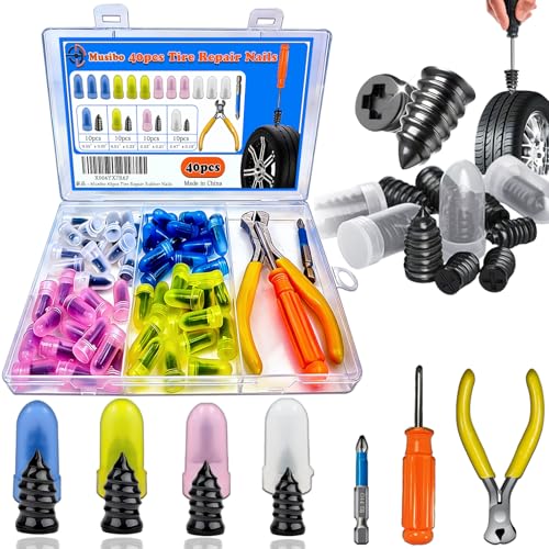 40Pcs Tire Repair Rubber Nails Kit with 4 Sizes, Vacuum Tire Repair Rubber Nail, Screw in Tire Repair Plugs, Tire Rubber Nails Tool, Quick Self-Service Tire Repair Tools for Car, Motorcycle, Truck