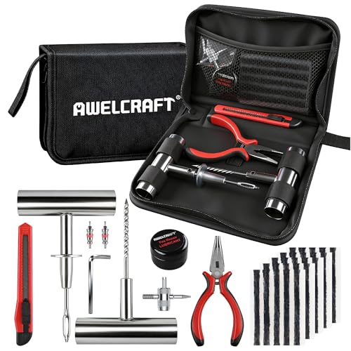 AWELCRAFT 36-Piece Tire Repair Kit – Heavy Duty Flat Tire Plug Kit with T-Handle Tools, 25 Rubber Plugs, 4-Way Valve Tool, Pliers, Folding Knife – Portable Tool Bag – Universal for Car - size: 36 Piece Repair Kit