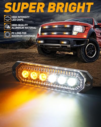 HLauto 406T Emergency Strobe Grille Lights: 4Pcs 6 LED Sync Feature Safety Warning Flashing Light, 12V-24V Ultra Slim Surface Mount Hazard Caution Light for Truck, Vehicle, Car, ATV, UTV (Amber White) - color: Amber/White