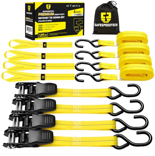 Ratchet Straps Tie Downs 4 Pack - 1 in x 15 ft Motorcycle Tie Down Straps - 4 Soft Loops with Safety S Hooks - 1650 lbs Breaking Strength - Ratchet Tie Down Set for Motorcycle, Truck, ATV, UTV, Yellow - color: Yellow, size: 1650LB - 15Ft