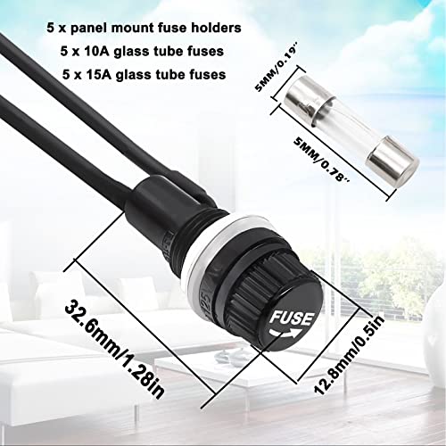 Tnisesm 5 Pcs Panel Mounted 5x20mm Screw Cap Fuse Holder with Pre-Soldered Wires AC 250V 10A/AC 125V 15A with 10 Pcs Glass Tube Fuse(10A+15A) - color: 5PCS