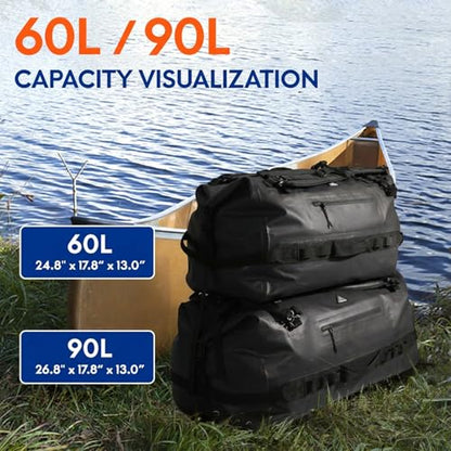 Haimont IPX7 Waterproof Roll-Top Dry Duffel Backpack | 60L/90L Sizes, 500D Tarpaulin, Welded Seams, Mesh Pockets, Boating & Kayaking - color: Black, size: 60L