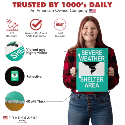 TRADESAFE Severe Weather Shelter Area Sign - Storm Shelter Sign, Quick Install, Light Reflective, UV-Resistant, Waterproof, 10” X 14” Aluminum Safety Signs for Business - style: Severe Weather Shelter Area