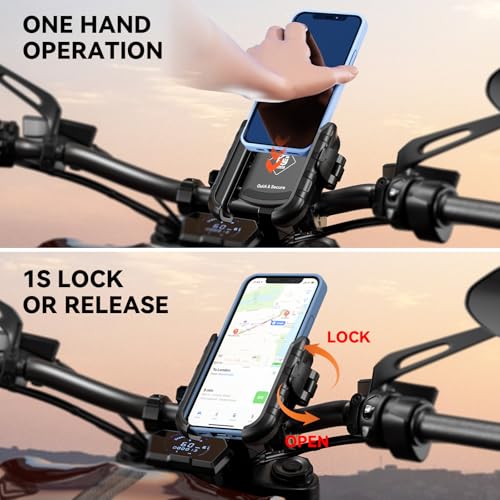 Kewig Motorcycle Phone Mount Holder- [Camera Friendly] [1s Lock & Release] Bike Phone Mount Handlebar Cell Phone Holder for Bicycle Scooter ATV, Fit for 5.4-7.2" Smartphones