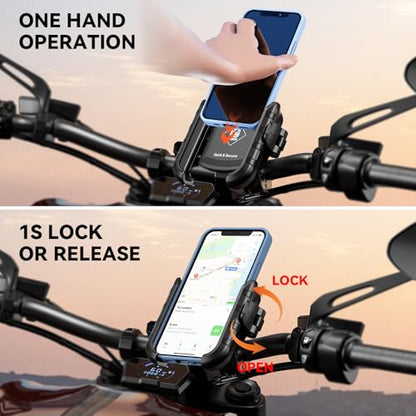 Kewig Motorcycle Phone Mount Holder- [Camera Friendly] [1s Lock & Release] Bike Phone Mount Handlebar Cell Phone Holder for Bicycle Scooter ATV, Fit for 5.4-7.2" Smartphones