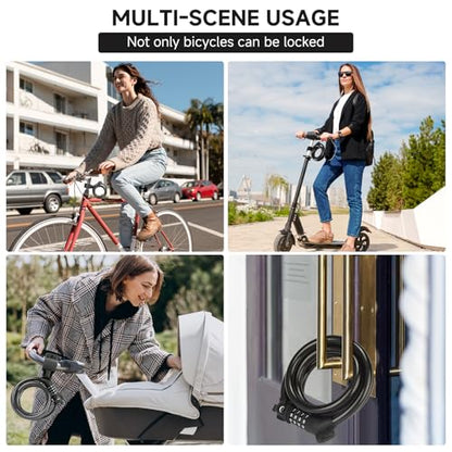 Bike Lock, 3.9 Feet 4-Digit Resettable Combination Password Anti-Theft Cable Lock, Cute Coiled Bike Lock with Mounting Bracket, Suitable for Bicycles, Electric Scooters, Ebikes (Black-12mm) - color: Black-12mm