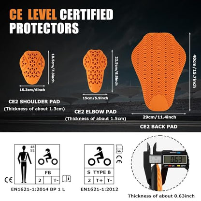 PSLER Full CE Level 2 Certified Motorcycle Armor Back Pad, Elbow and Shoulder Protection Pads Set for Motorcycle Jackets, 5PCS - size: Level 2 Back+Shoulder+Elbow