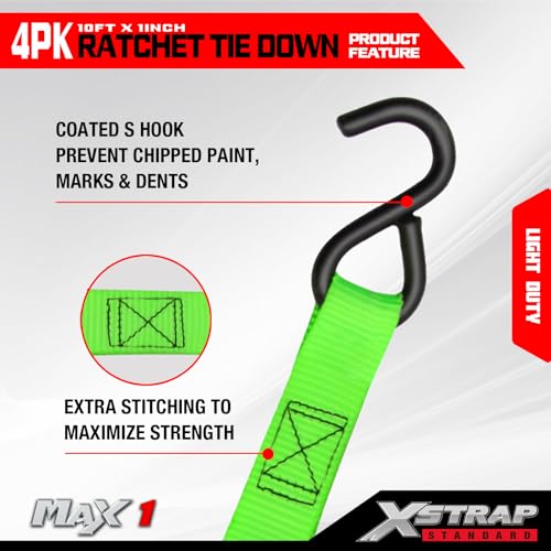 XSTRAP STANDARD Ratchet Tie Down Straps 4 Pk 10 Ft- 300 Lbs Load Cap- 900 Lbs Break Strength-Cargo Straps for UTV, ATV, Pickup,Truck, Moving Appliances, Lawn Equipment, Neon Green - color: Green, size: 4pk 1inchx10ft