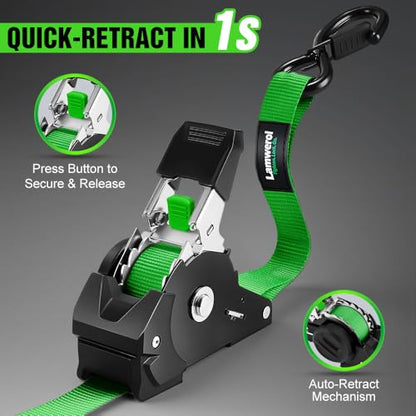 Retractable Ratchet Straps (4-Pack) - 1 Inch x 10 Feet (1,650lb Break Strength) - Heavy Duty Auto Self Retracting Tie Down Straps for Motorcycle, ATV, UTV, Truck, Cargo Trailer - Green - color: Green