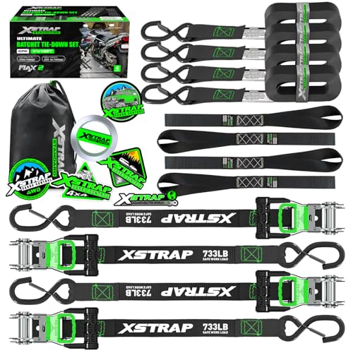 XSTRAP STANDARD 4PK Motorcycle Ratchet Straps, 1" x 15ft, 2,200 lbs Break Strength Tie Down Straps with Safety Lock S-Hooks, Soft Loop Straps and Stickers for Trucks, Cargo, Moving (Black) - size: Black-2200 lbs-4Loops