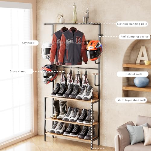 Motorcycle Helmet Holder Floor Mounted Stand, Wall Mount with Helmet Rack, 4 Glove Chips and 4 Hooks, Rustic Helmets Holder and Motorcycle Helmets Rack for Most of Helmet