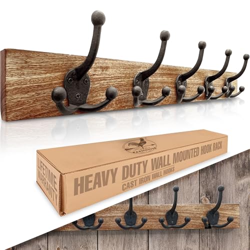 Heavy Duty Wall Mounted Hook Rack (25.75 inches) with 5 Black Cast Iron Hooks Mounted on Natural Hardwood Board, Decorative, Farmhouse Vintage Hooks for Hanging Coats, Bags, Hats, etc - color: Natural Mango Wood with Antique Black Hooks, size: Wood Mounte