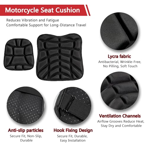 Motorcycle Seat Cushion for Honda Interstate 2010 2011 2012 2013 2014, Breathable Shock Absorption Pad with Non-Slip Particles & Hook, Airflow Grooves for Cooling, Butt Protection