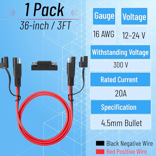 Bates- SAE to SAE Extension Cable, 3 FT, 16 AWG, SAE 2-Pin Quick Connect Disconnect with Polarity Reverse Adapter, Solar Panel Extension Cable for Battery Chargers, Maintainers & Motorcycles