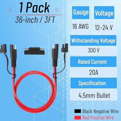 Bates- SAE to SAE Extension Cable, 3 FT, 16 AWG, SAE 2-Pin Quick Connect Disconnect with Polarity Reverse Adapter, Solar Panel Extension Cable for Battery Chargers, Maintainers & Motorcycles