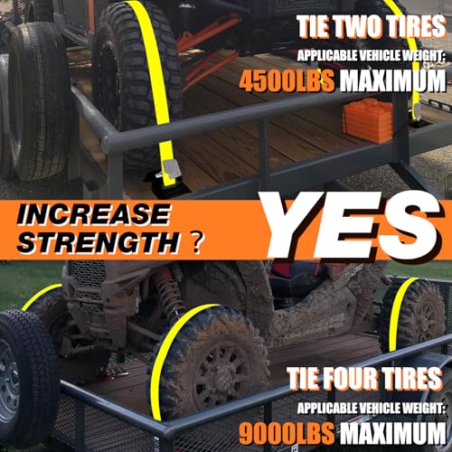 Vehicle Wheel Chock Tie Down kit 4500lb Break Strength-4 Pack 2" x9' E Track Straps-Ultimate Heavy Duty Trailer Tire Strap System for ATV,UTV,Lawn Mower - style: 4-Wheel Chock Set