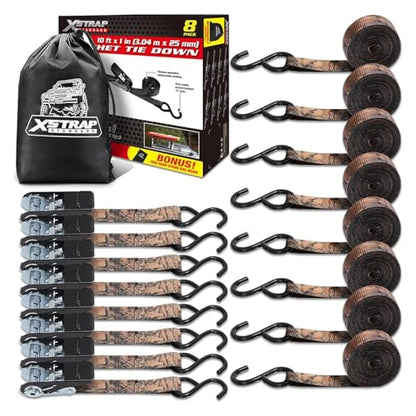 XSTRAP STANDARD 8-Pack Ratchet Tie Down Straps, 1" x 10ft, 900lb Break Strength Heavy Duty Straps for Motorcycles, ATVs, Lawn Equipment, Appliances & Truck Cargo - Camouflage - color: Camouflage