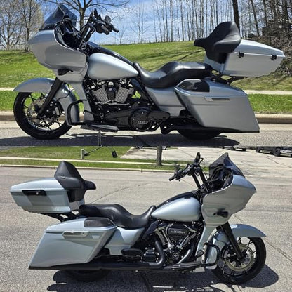 Moto Onfire King Tour Trunk Pack For 2009+ Harley Touring - Atlas Silver Metallic, Black Detachable Mounting Rack, Backrest & Black Trunk Liners - color: Atlas Silver Metallic, size: King Tour Trunk Pack, Mount Rack & Black Liners