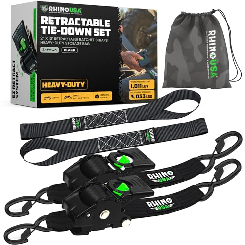Rhino USA Retractable Ratchet Straps (2-Pack) - 2 Inch x 10 Feet (3,033lb Break Strength) - Heavy Duty Auto Self Retracting Tie Down Straps for Truck, Cargo Trailer, Motorcycle, Rad & More - Black - color: Black, size: 2PK