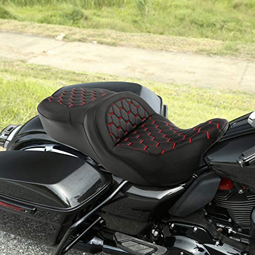C.C. RIDER Motorcycle Driver Passenger Seat - Fat Diamond Pro 2-Up One-Piece Seat fit for Harley Touring Road King FLHR Street Glide FLHX Road Glide FLTRX 2009-2023, Red Stitching - color: Red Stitching