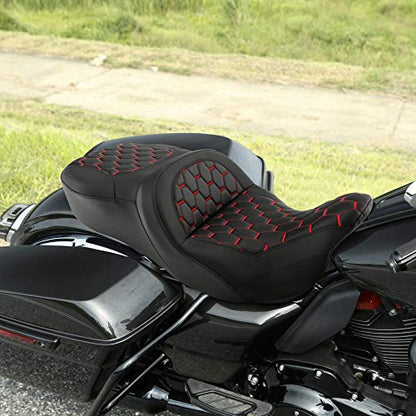 C.C. RIDER Motorcycle Driver Passenger Seat - Fat Diamond Pro 2-Up One-Piece Seat fit for Harley Touring Road King FLHR Street Glide FLHX Road Glide FLTRX 2009-2023, Red Stitching - color: Red Stitching