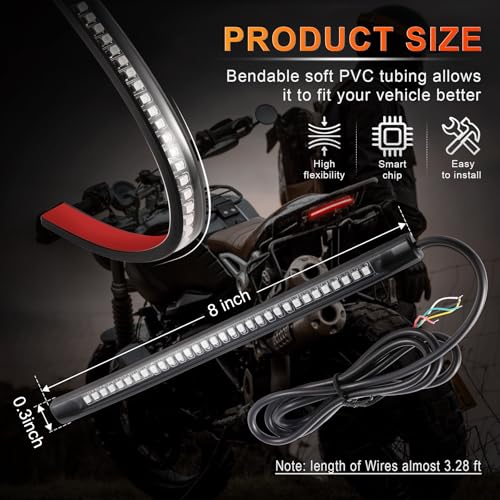 LivTee Universal 8" Flexible LED Light Strip with Tail Brake Stop Turn Signal Lights All-in-one for Motorcycle Scooter Quad Cruiser Off Road, Red/Amber - color: Rear
