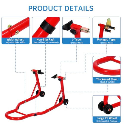 Motorcycle Front & Rear Stand Combo, Universal Wheel Lift Paddock Stand with Prong Adapters+L Adjustable Swingarm Spool, 900 LB Capacity Heavy Duty for Most Bikes,Red - color: Red