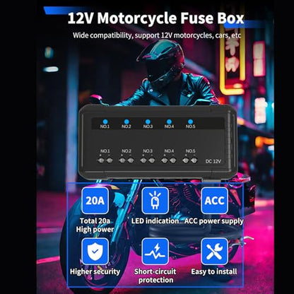 Motorcycle Fuse Box, 20A 5 Circuit Terminal Block with LED Indicator for Cars Motorcycles ATV UTV, PC Material Insulation Heatproof