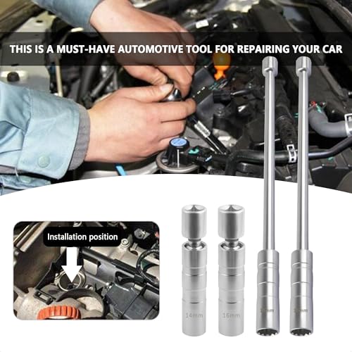 Salior 14mm Extend Spark Plug Socket,Thin Wall 12 Points 3/8" Drive Spark Plug Removal Tool Compatible with BMW Nissan More Car,Steel Magnetic Spark Plug Socket Set Car Tools (14mm Extend)