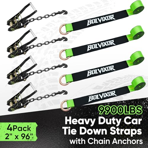4 Pack Car Tie Down Straps for Trailers - 2" x 96" - 9900LBS Break Strength - Tire Ratchet Straps with Heavy Duty Chain Anchors for Hauling UTV, SUV, Truck, Any Cars - color: Green