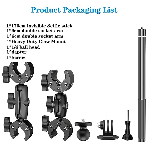 Taisioner Motorcycle Bike Handlebar Double clamp Mount and 67”Invisible Selfie Stick Insta 360 Motorcycle Mount Kit for X5/X4/X3/X2/XONE/GO2/3 Action Camera